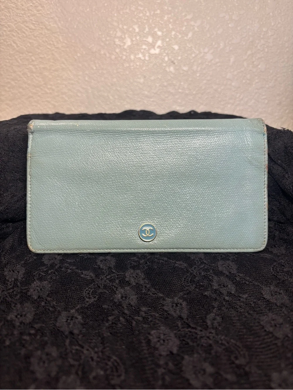 Chanel Coco Button Long Bifold Wallet Light Blue Caviar Leather WOC Chain Box